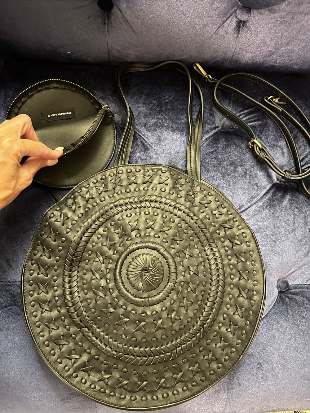 Anthropologie Black Round Embossed Crossbody Bag